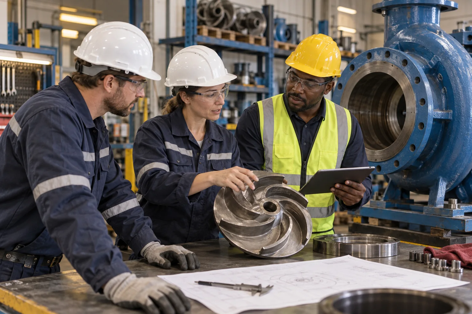 Team tecnico commerciale esamina girante e corpo di una pompa industriale