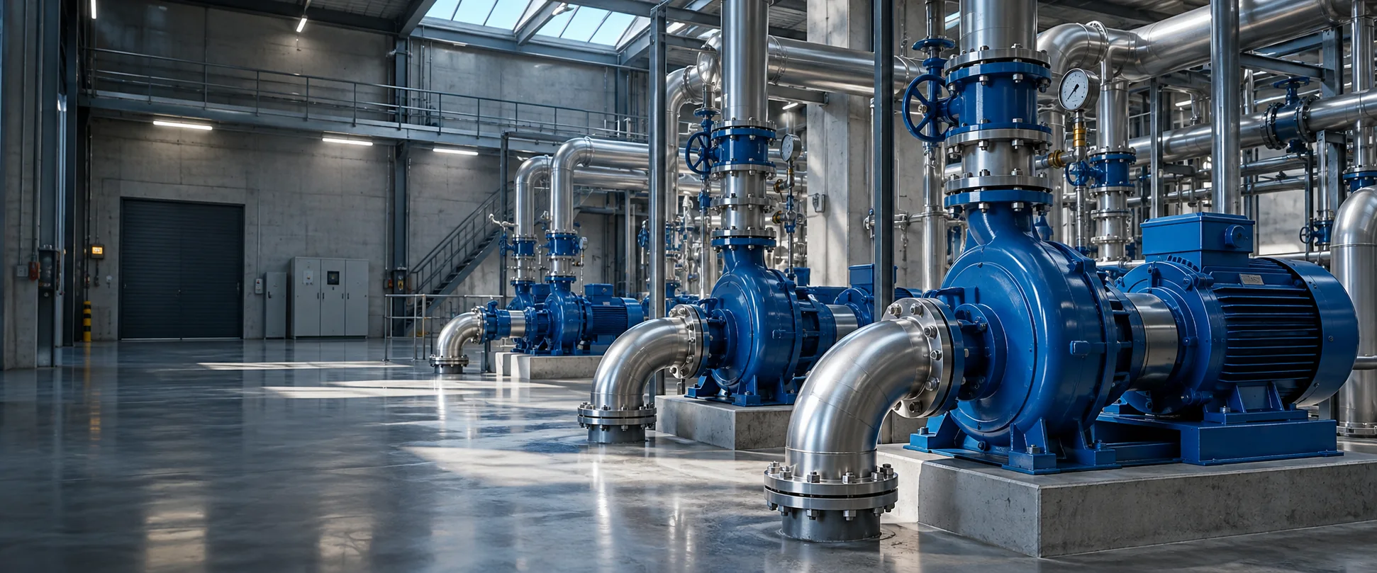 Sala pompe industriale con pompe centrifughe orizzontali e rete di processo
